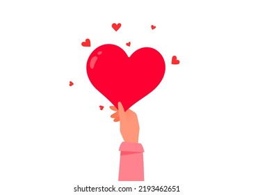 Vector Valentine Day illustration on white color background. Sharing woman hand give red shape heart with word love. Flat style romantic design of love heart for Valentine's Day greeting card, poster