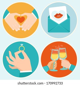 Vector valentine day illustrations in flat style - hands and signs of love