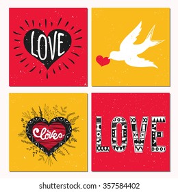 Vector valentine day romantic cards set, love decorative collection with bird, hearts, lettering words. Doodle hand drawn style illustration for greeting card, t-shirts and bags print, scrapbooking