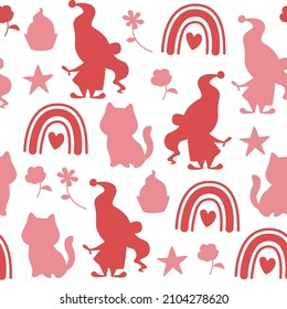 Vector Valentine day seamless pattern with gnomes and rainbows silhouettes isolated. For packaging paper, scrapbooking, prints, holiday cards etc.