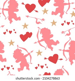 Vector Valentine day seamless pattern with cupid and hearts silhouettes isolated. For packaging paper, scrapbooking, prints, holiday cards etc.