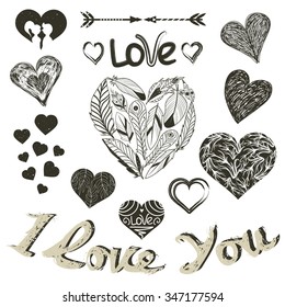 Vector valentine day set, love decorative vintage elements, hand drawn collection with feathers, arrows, hearts, tattoo, lettering word. Doodle hand drawn style, illustration for greeting cards, print