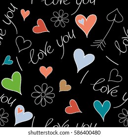 Vector Valentine design. Vector. Orange and green design template for holiday and wedding card, wallpaper on a black background. Colorful hearts, I love you text and chamomile flower seamless pattern.