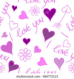 Vector Valentine design. Purple, pink and violet design template for holiday and wedding card, wallpaper on a white background. Colorful hearts, I love you text and chamomile flower seamless pattern.