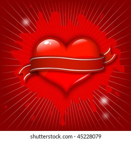 vector valentine design; shiny red heart with ribbon