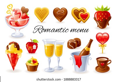 Vector Valentine dessert. Food set. Chocolate candy, cake, cupcake, ice cream, cookie, fruit strawberry, champagne. Love day icon illustration. Sweet red heart dessert food. Romantic Valentine's day