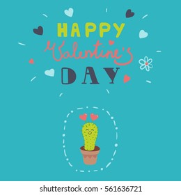 Vector Valentine Doodle Lettering Card with Cactus In Love