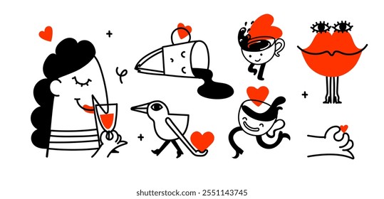 Vetor valentine doodle logotipos modelo de design conjunto e elementos gráficos para publicidade, marca, cartazes e banners. Engraçado desenho animado ilustração com personagens sorridentes e mascotes com corações