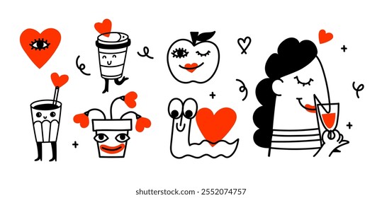 Vector valentine doodle logos design template set and graphic elements for advertising, branding, posters and banners. Funny cartoon illustration with smiling characters and mascots with hearts