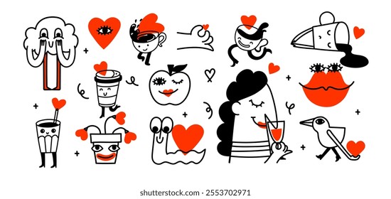 Vector valentine doodle logos design template set and graphic elements for advertising, branding, posters and banners. Funny cartoon illustration with smiling characters and mascots with hearts