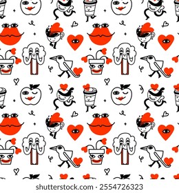 Vector valentine doodle logos design seamless pattern and graphic elements for advertising, branding, posters and banners. Funny cartoon illustration with smiling characters and mascots with hearts