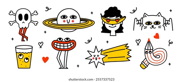 Vector valentine doodle logos design template set and graphic elements for advertising, branding, posters and banners. Funny cartoon illustration with smiling characters and mascots with hearts