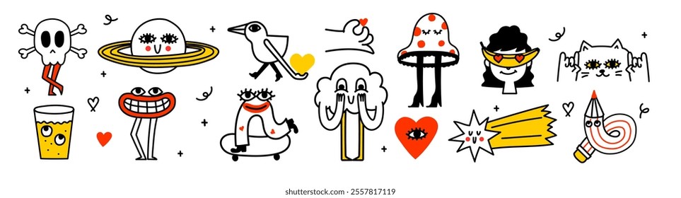 Vector valentine doodle logos design template set and graphic elements for advertising, branding, posters and banners. Funny cartoon illustration with smiling characters and mascots with hearts