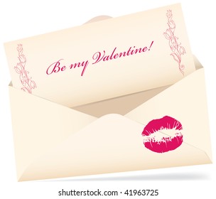 Vector valentine envelop with greeting card with kiss on a white background