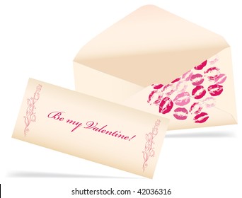 Vector valentine envelop with greeting card with kisses on a white background