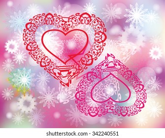 Vector Valentine festive card  with decorative red hearts and snowflakes on light colorful background 