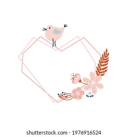 Vector valentine floral geometric heart frame with floral bouquet and flower bird illustration. Kids scandinavian love hand drawn style for anniversary, birthday, invitation with place for text