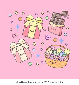 Vector Valentine Flower Chocolate Gift with cute facial expressions and pastel colour