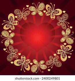 Vector valentine frame with big red heart and golden butterflies on a  red gradient background