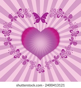 Vector Valentine frame made with big rose heart and butterflies, on a background with rays