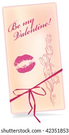 Vector valentine greeting card with a bow and kiss and on a white background