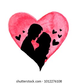 Vector Valentine greeting card with red watercolor heart and silhouette of couple in love on a white background
