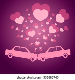 Vector Valentine greeting card with two cars kissing each other and little hearts flying around them. Automobile crash. Road incident with happy ending. A couple in love kissing passionately.