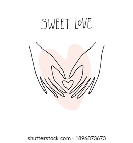 Vector valentine. Hand drawn linear illustration of hands and heart is perfect for engagement, betrothal, offer of marriage, wedding invitation, card, poster