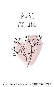 Vector valentine. Hand drawn linear illustration of branch and shape of heart perfect for engagement, betrothal, offer of marriage, wedding invitation, card, poster