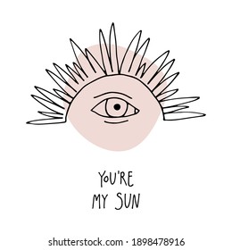 Vector valentine. Hand drawn linear illustration of eye and sunray perfect for engagement, betrothal, offer of marriage, wedding invitation, card, poster