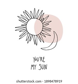 Vector valentine. Hand drawn linear illustration of sun and moon are perfect for engagement, betrothal, offer of marriage, wedding invitation, card, interior poster