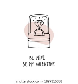 Vector valentine. Hand drawn linear illustration of ring with diamond perfect for design of engagement, betrothal, marriage, wedding invitation, greeting card, poster