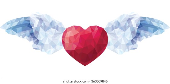 Vector Valentine heart with angel wings in the style of a triangular low poly isolated on a white background/Vector of Heart with angel wings in the style of a triangular low poly/Vector illustration