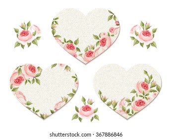 Vector Valentine heart cards with pink roses.