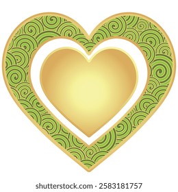 Vector valentine heart with green and golden spirals pattern. isolated on transparent background. Frame, card  