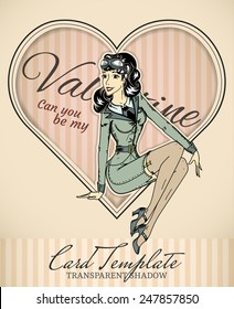 Vector Valentine heart and  retro pin-up woman illustration with realistic paper cut out effect parts and transparent shadows - template for vintage invitation, poster or card