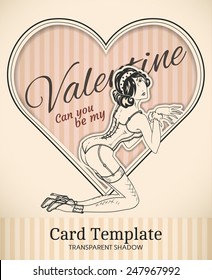 Vector Valentine heart and  retro pin-up woman illustration with realistic paper cut out effect parts and transparent shadows - template for vintage invitation, poster or card