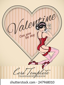 Vector Valentine heart and  retro pin-up woman illustration with realistic paper cut out effect parts and transparent shadows - template for vintage invitation, poster or card