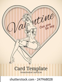 Vector Valentine heart and  retro pin-up woman illustration with realistic paper cut out effect parts and transparent shadows - template for vintage invitation, poster or card