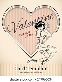Vector Valentine heart and  retro pin-up woman illustration with realistic paper cut out effect parts and transparent shadows - template for vintage invitation, poster or card