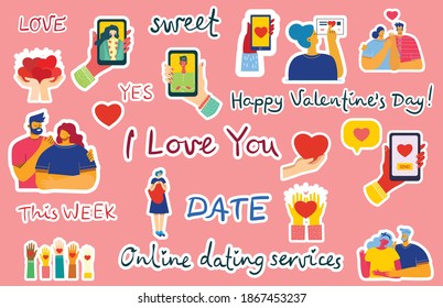 Vector Valentine illustration cards in a flat style of happy couples in love