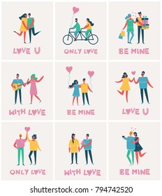 Vector Valentine illustration cards in a flat style of happy couples in love and funny text