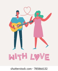 Vector Valentine illustration in a flat style of happy people in love and hand drawn text - With love