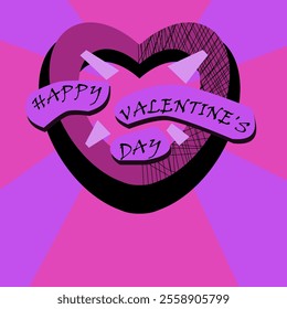 Vector Valentine illustration with heart. Shades of purple complemented by black. Cut out heart, 3D effect. Lettering: "Happy Valentine's Day."