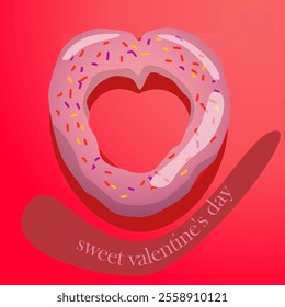 vector valentine illustration. A heart-shaped donut with icing and sweet sprinkles. 3D effect, shading, glare. Caption: "Sweet Valentine's Day."