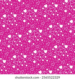 Vector valentine illustration with repeating pattern. File background with white pattern. Envelope with a heart, little hearts. Repeating romantic seamless pattern.