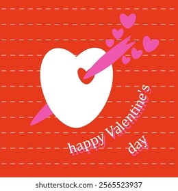 Vector Valentine illustration with a white heart on a red background. An arrow made of hearts stuck in a heart. Love, romance, valentine's day.