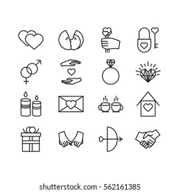 Vector valentine line icons set. Love, couple, relationship, holiday theme. Line isolated icons for polygraphy, web design, logo, app, UI.