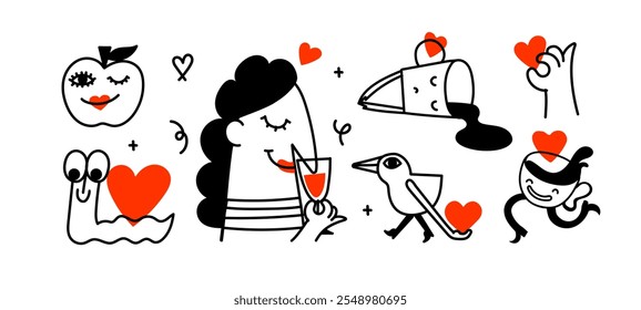 Vetor valentine logos design template set e elementos gráficos para publicidade, branding, cartazes e banners. Engraçado desenho animado ilustração com personagens sorridentes e mascotes com corações