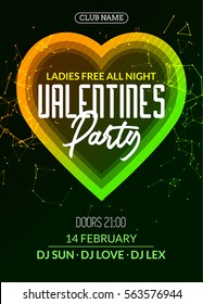 Vector valentine party poster or flyer design template. Valentine party greeting illustration night. Disco club dance event